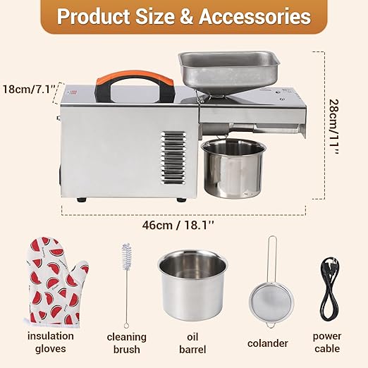 MilleLoom 900W Oil Press Machine, Automatic Cold& Hot Electric Oil Press Extractor, 304 Food Stainless Steel,Ideal for Pressing Peanut, Sesame Seeds, Walnut, Almond, Pumpkin, Rapeseed