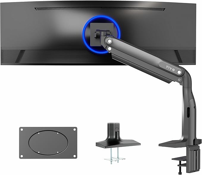 VIVO Aluminum Ultrawide Monitor Stand, Classic, Fits up to 49 inch Computer Screens, Single Articulating Pneumatic Arm, C-Clamp and Grommet Desk Mount, Max VESA 200x100, Black, STAND-V100H