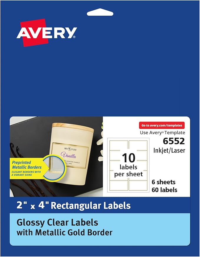 Avery Printable Glossy Clear Labels, 2" x 4" Rectangle Labels, Clear, Metallic Gold Border, Permanent Adhesive, Laser/Inkjet Printable, 60 Total (6552)