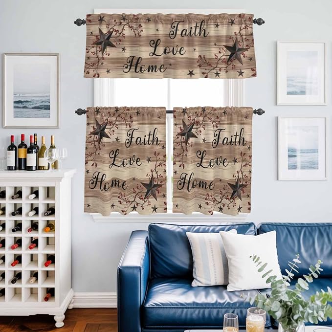 Kitchen Curtains Tiers and Valance Set of 3, Farmhouse Star Brown Light