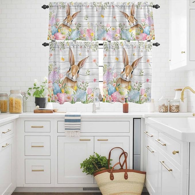 Kitchen Curtains Tiers and Valance Set of 3, Easter Light Filtering Window