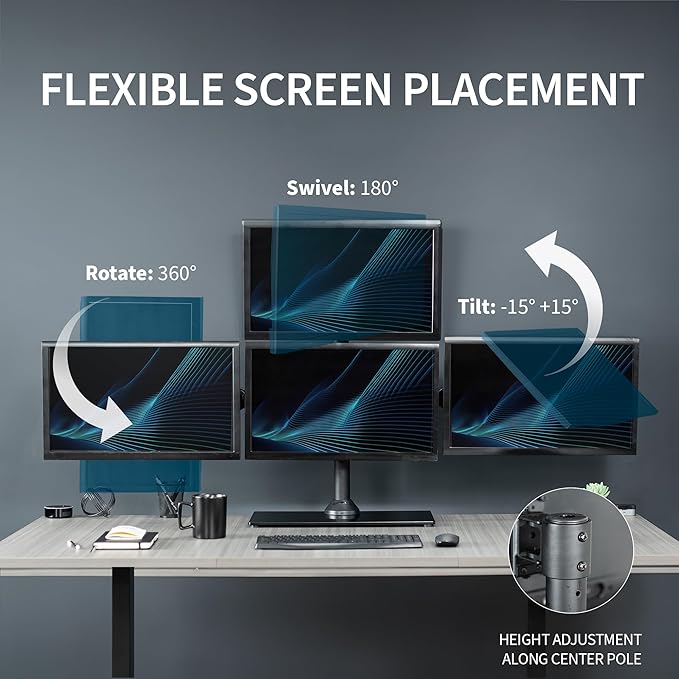 VIVO Black Steel Quad Freestanding LED LCD Computer Monitor, Heavy Duty 3 plus 1 Fully Adjustable Stand with Base, Holds 4 Screens up to 24 inches, STAND-V004TG