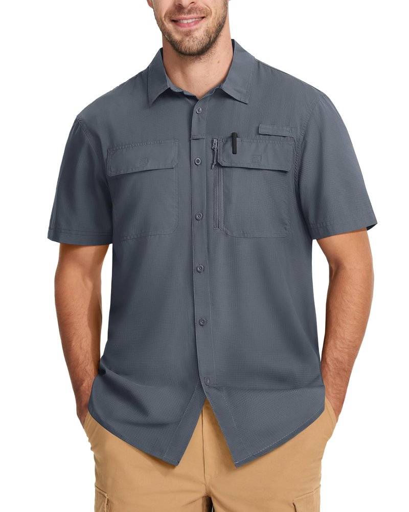 MAGCOMSEN Sun Shirts for Men Short Sleeve SPF Performance Fishing Shirts Dry Fit Light Weight Button Up Work Shirts Dark Grey M