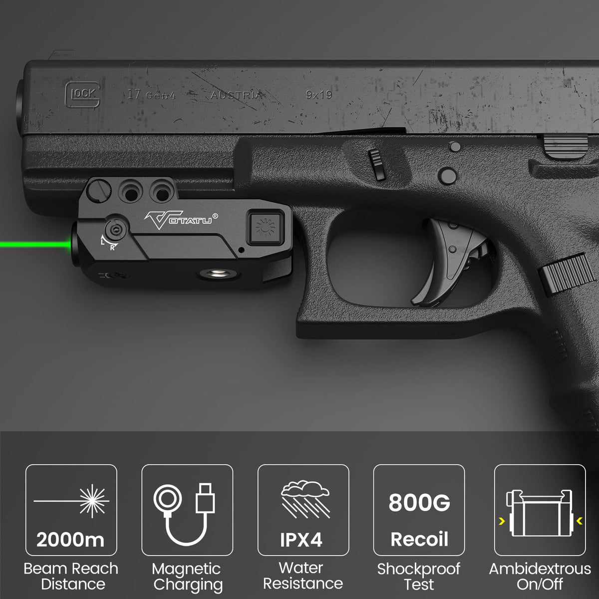 Votatu H3L-G Green Laser Sight, Aluminum Ultra Low Profile Picatinny Mount Green Dot Sight, Strobe Mode Available, Magnetic USB Rechargeable and Ambidextrous Control