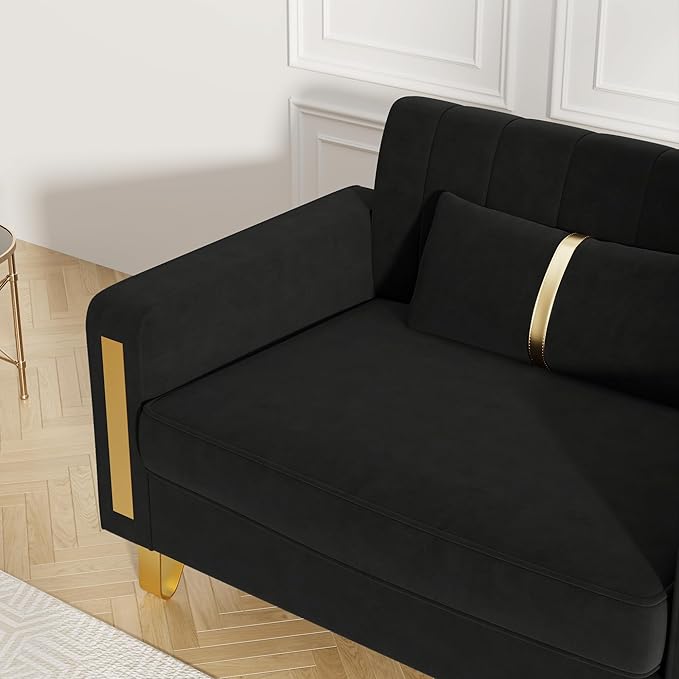 Couch 85.62" 3 Seats Sectional Velvet Fabric Sofa Easy Assemble Sofa Bed with 2 Couch Pillows,Gold Metal Legs for Living Room (P17, Black（3+1+1）)