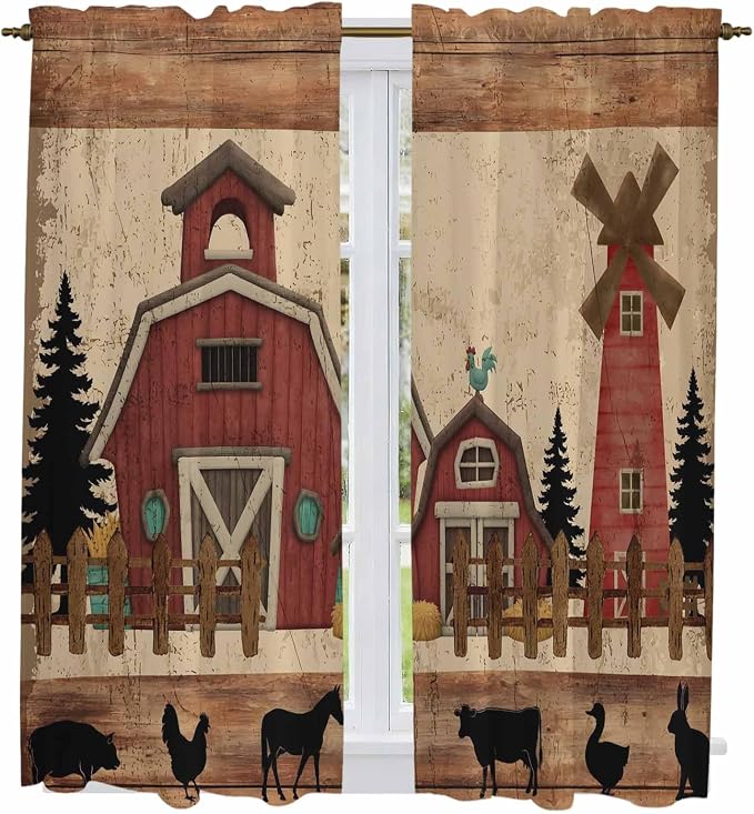 Brown Farmhouse Kitchen Curtains, Vintage Country Animals Wooden Grain Light