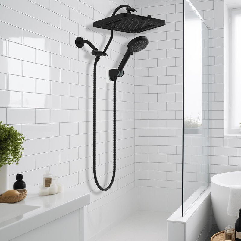 Hibbent cUPC Certified High Pressure 13'' Dual Shower Head Combo with 10-mode Handheld Spray, Rainfall 5-spray Shower Head, 12'' Adjustable Extension Arm, 71'' Hose, Showerhead Holder, Matte Black