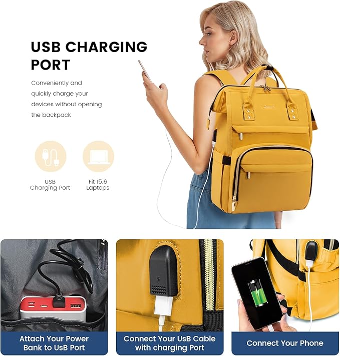 LOVEVOOK College Laptop Backpack, 15.6 Inch Travel Backpack for College, Waterproof Work Backpack Woman for Teacher Nurse Anti-theft Travel Back Pack, Gifts for Women, Yellow