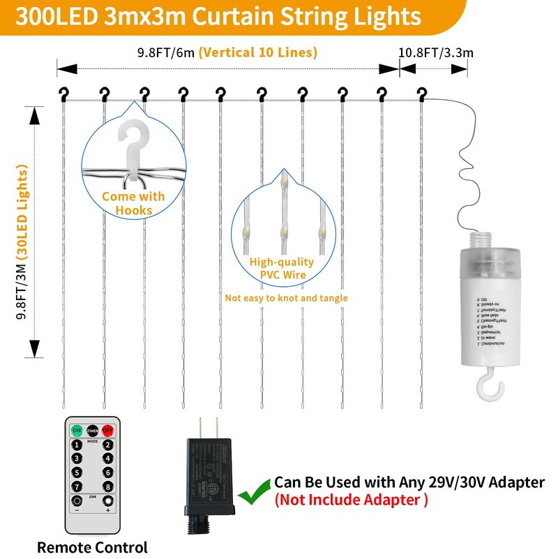 Curtain Lights Battery Operated 10 * 10Ft 300LED Waterfall Light with 8 Modes Remote Dimmable Timer Memory Waterproof Twinkle Fairy String Lights for Indoor Outdoor Backdrop Bedroom Pergola Christmas