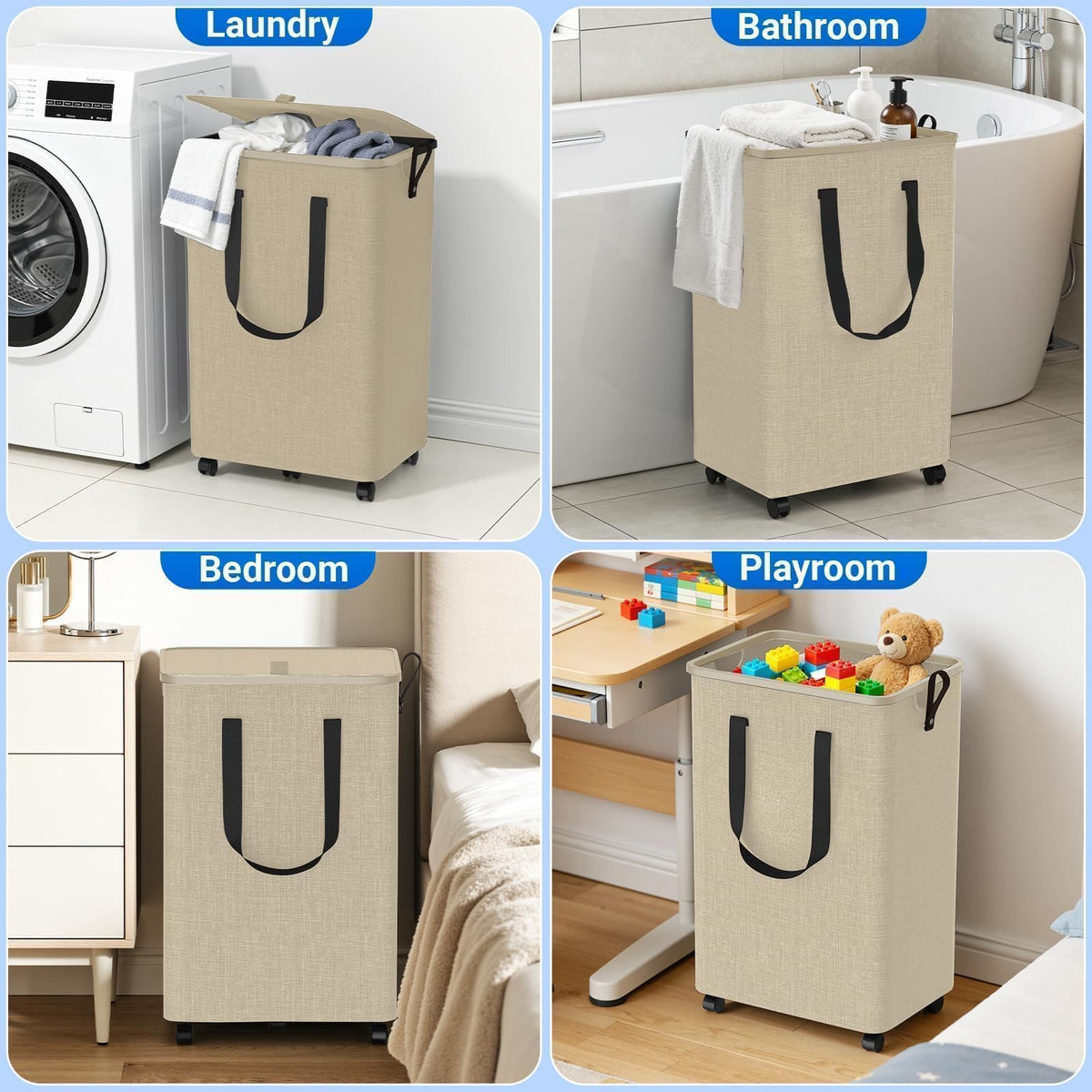 Laundry Basket with 5 Wheels, Tall Dirty Laundry Hamper, Rolling Laundry Basket with Lid, Large 90L Collapsible Clothes Hamper for Laundry Room Bedroom Bathroom Dorm, Khaki