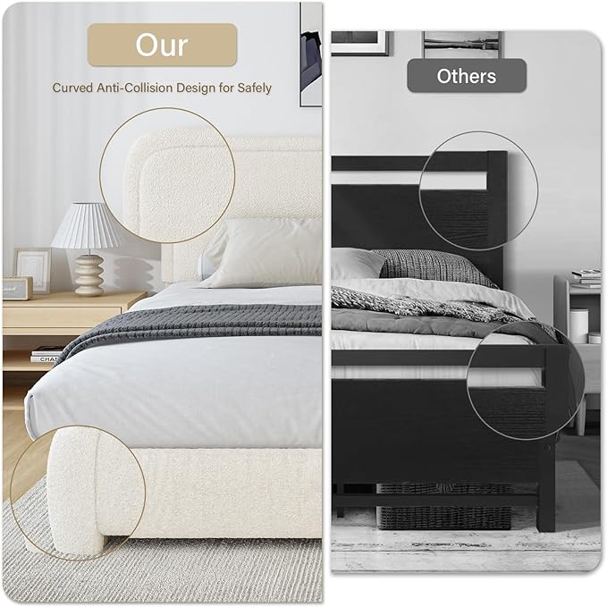 BarnFurin Boucle Upholstered California King Bed Frame/Soft Rounded Corners Headboard/Low Profile Bed Frame/No Box Spring Needed/Cream