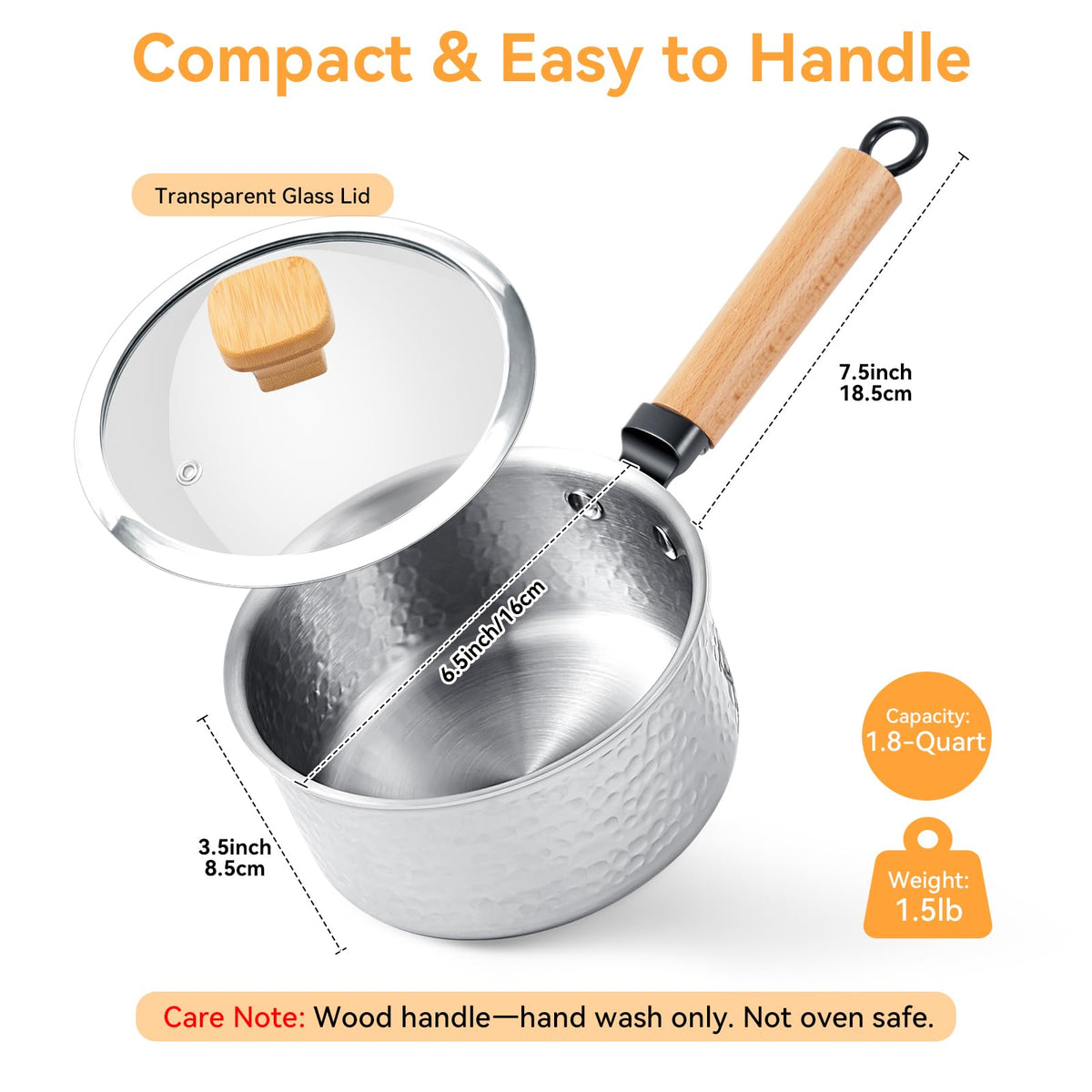 WANGYUANJI 1.8 Quart Stainless Steel Saucepan with Lid, Tri-Ply Steel Small Sauce Pan, Coating-Free Interior, Hammered Finish, Induction Compatible Soup Pot with Tempered Glass Lid & Wood Handle