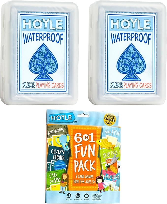 Bicycle Hoyle Summer Fun Pack Hoyle 6-in-1 Kids Card Games and 2 Decks of Clear Plastic Waterproof Playing Cards, Fast-Paced Family Game Night Playing Cards for Kids and Adults