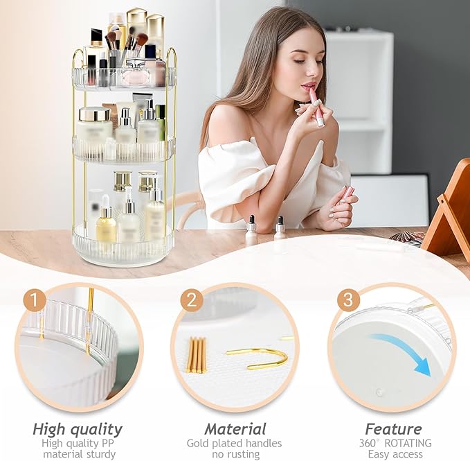 360 Rotating Makeup Organizer for Vanity,3 Tier Large Capacity Skincare Organizers,Bathroom Counter Organizer, transparent Spinning Perfume Organizer & Vanity Organizer (NEW-White, 3 Tier)