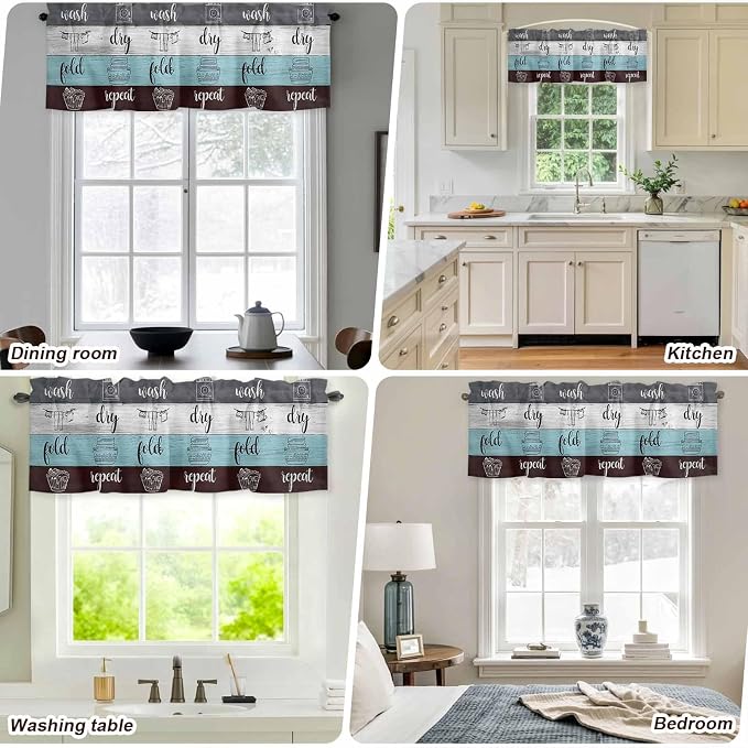 Laundry Rules Valances for Windows, Retro Blue White Wood Board Grain Kitchen