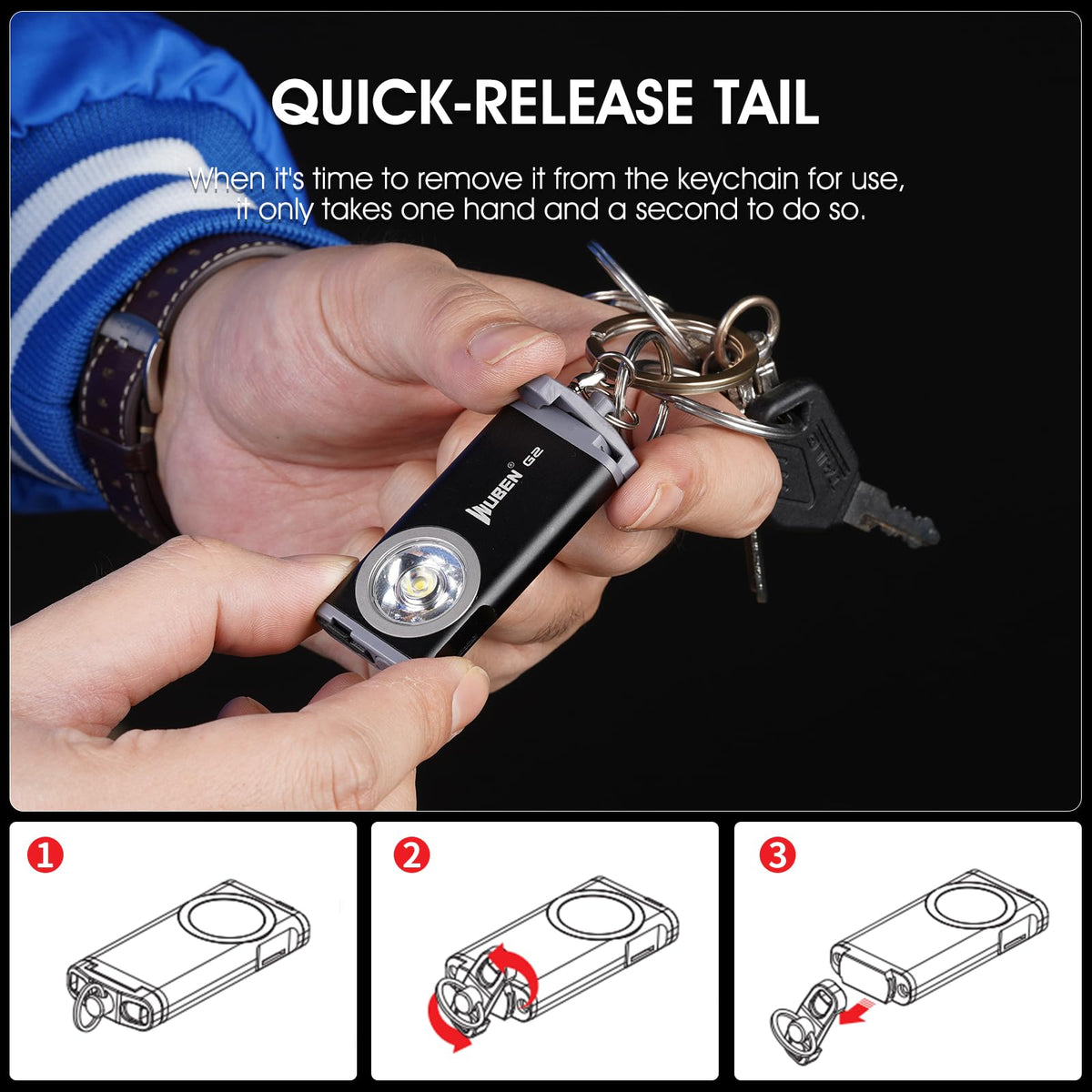 WUBEN G2 Mini Flashlight Keychain, 500 Lumens Rechargeable Pocket 5 Modes Small Led EDC Keychain Brightest Flashlight Magnetic Hat Clip for Travel,Walking,Searching,Hiking