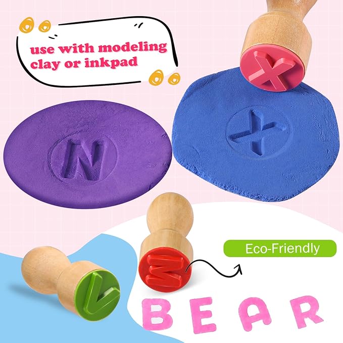 MeCids Wooden Alphabet Number Stamp for Kids - Educational Learning Toy Stamp for Playdough with 26 Letters, Numbers 0-9, Flashcards - ABC Spelling and Math Learning Toddler (Alphabet Number-39 Pcs)