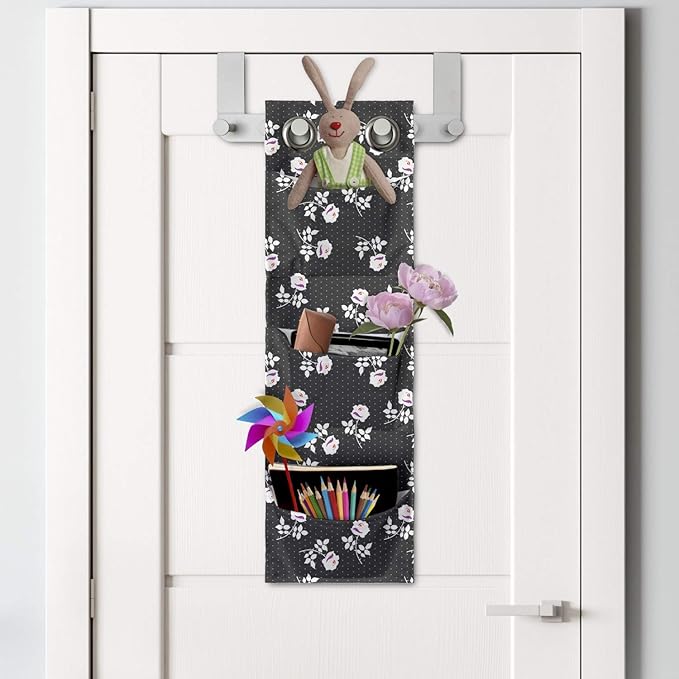 Ambesonne Floral Hanging Pocket Organizer, Flower Silhouettes on a Background of Mini Polka Dots, Printed Polyester Storage Bag with Pockets, 9" x 27", Dark Taupe Grey Fuchsia