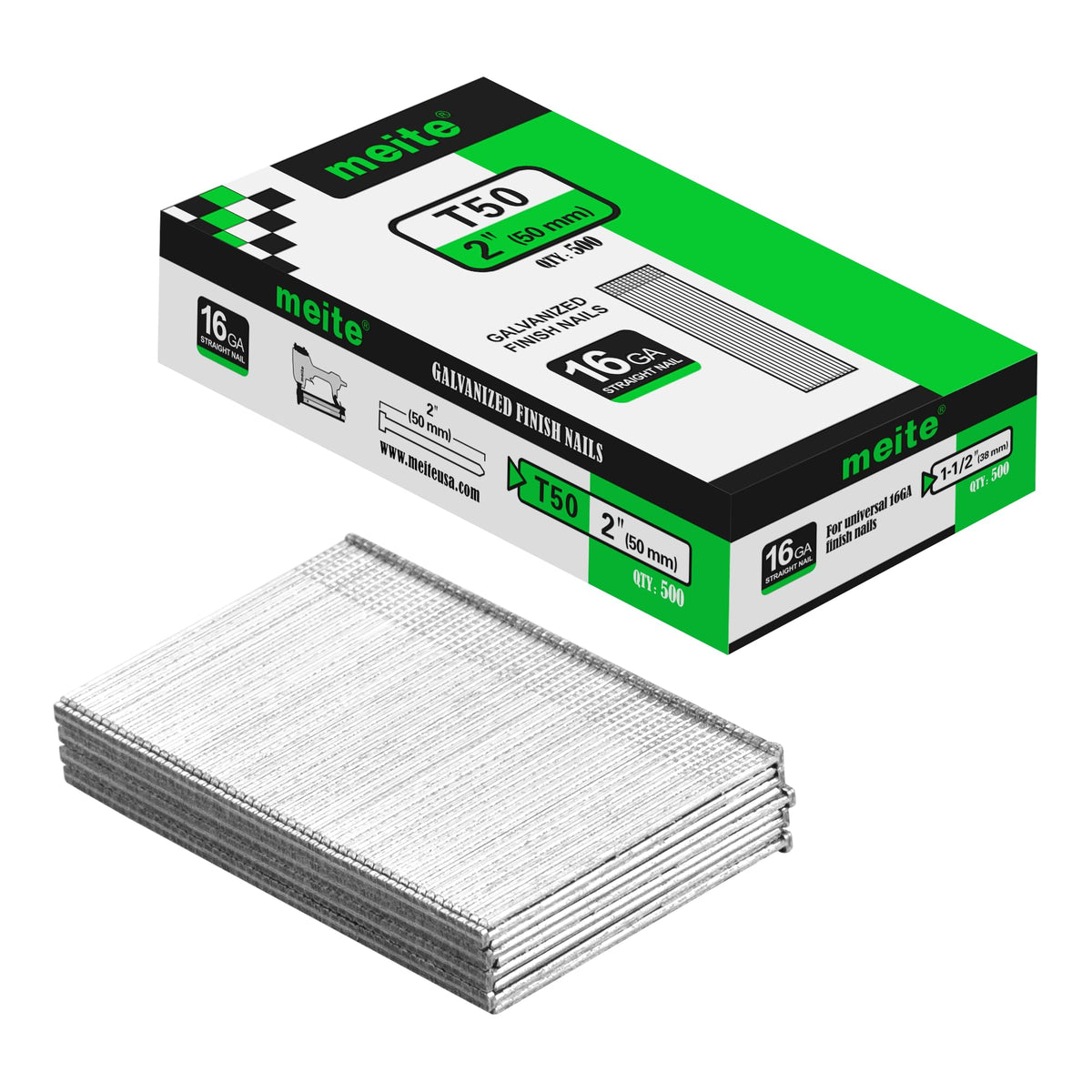 meite 16 Gauge Finish Nails - 2 Inch Galvanized 16GA Finishing Nails Straight Finish Nails for Window Casing Baseboard Crown Molding Trim Work, 500PCS