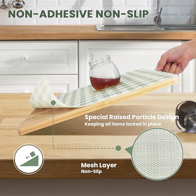 Drawer Liner and Shelf Liner for Kitchen Cabinet Liner Non-Adhesive Non-Slip Shelf Paper, Thick Strong Grip Waterproof Easy to Clean for Shelves, Cupboard, Desks, Green Plaid Pattern, 23.6 in x 30 FT