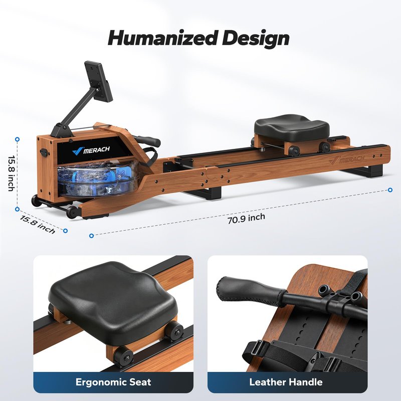 MERACH Water Rowing Machines for Home, Wood Rower Machine with 12 Enhanced Resistance Blades, Upgraded Handle, Adjustable Footpad, Dedicated Monitor & Bluetooth App