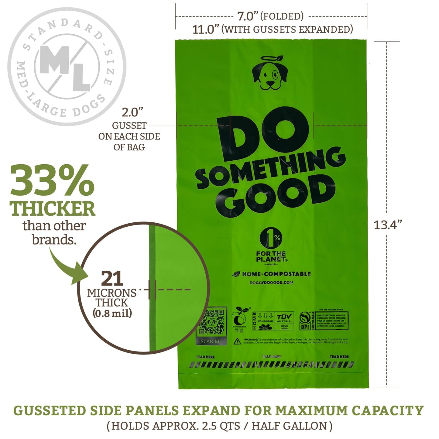 Doggy Do Good Poop Bags | Dog Waste Bags | Unscented, USDA Certified Biobased, Thick & Leak Proof, Easy Open | Standard Size | 60 Count