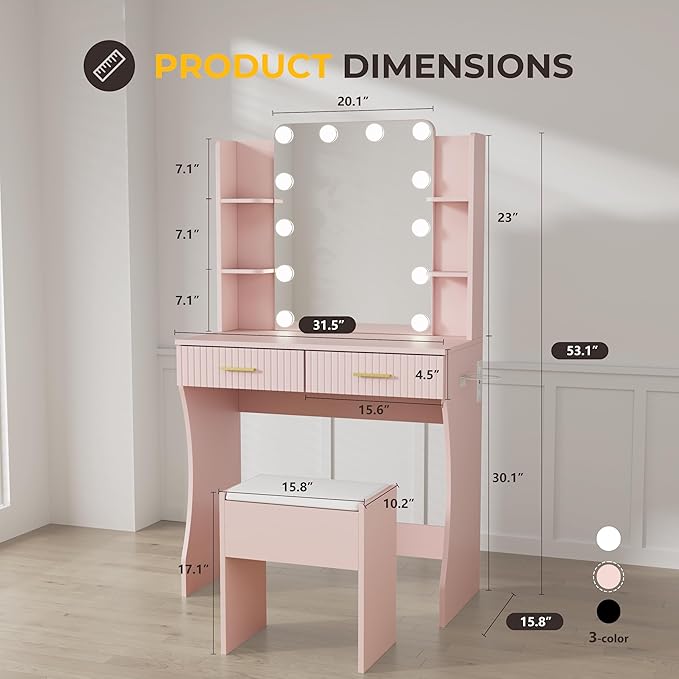 Vanity Desk with LED Lighted Mirror, Makeup Vanity with 3 Adjustable Lights, 2 Large Drawers and 4 Open Shelves, Pink Vanity Table with Storage Stool for Bedroom