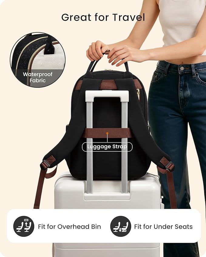 LOVEVOOK Laptop Backpack for Women with Giant Tumbler Holder Pocket, 17 inch Large Travel Work Backpack Purse for Teacher Nurse, Waterproof College Book Bag Cute Casual Daypack, Beige-Black-Brown