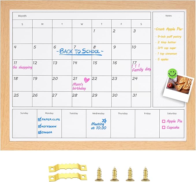 3-in-1 Dry Erase Calendar for Wall, Magnetic Monthly & Weekly Calendars Whiteboard, Dry Erase Board for Wall with Brown Wood Frame, Hanging White Board Calendar for Decor/Memo(YL+ZL-BR,4333)