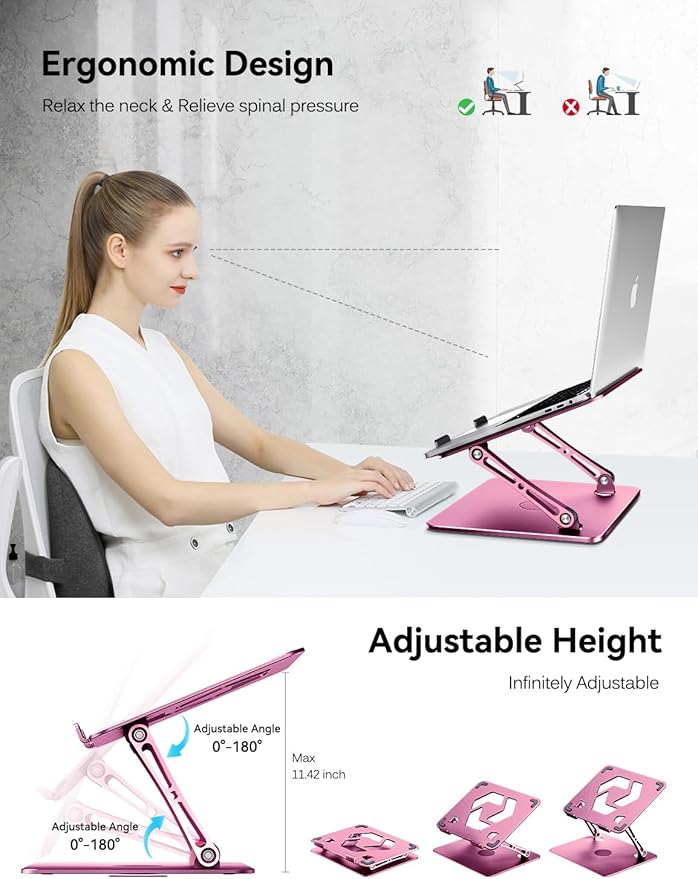 ivoler Adjustable Laptop Stand with 360° Rotating Base, Ergonomic Laptop Stand for Desk, Foldable & Portable Laptop Riser, Suitable for Collaborative Work, Fit MacBook Laptops up to 16 inches[Pink]