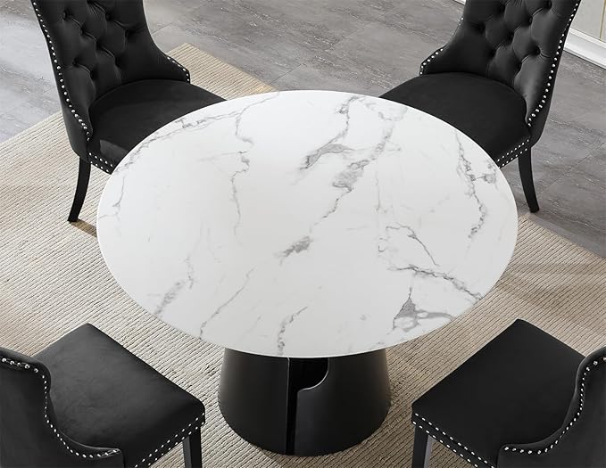 5-Piece Faux Marble Round Dining Table Set for 4, Modern Luxury Kitchen Table Set for 4 with Black Tufted Chairs,Circle Dining Tables with White Marble Grain Top and Black Pedestal Base
