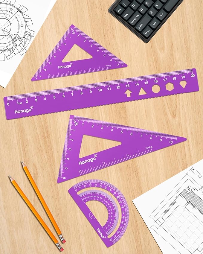 Honagu Aluminum Alloy Triangular Ruler Set, 4 Pieces, 20cm/7.87inches, Purple