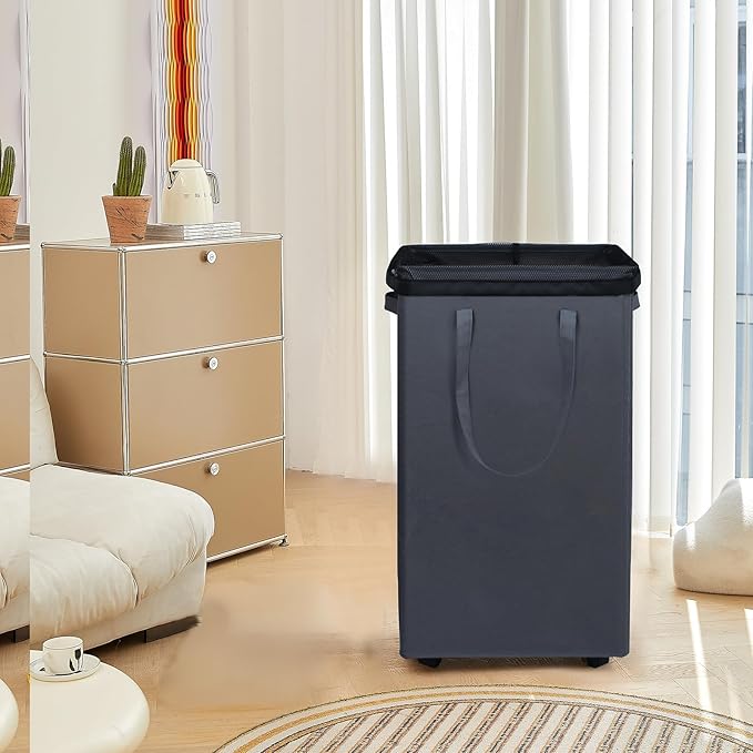 DOKEHOM 90L X-Large Laundry Basket with Removable Wash Bag on Wheels, Collapsible Rolling Laundry Hamper, Foldable Clothes Organizer, Folding Washing Bin (Grey)
