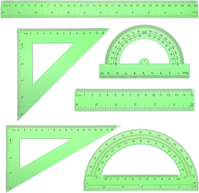 6Pcs Green Plastic Ruler Math Set Includes 12 & 6 Inch Straight Protractor Triangle Math Geometry Set Measuring Tool School Supplies Rulers for School Office Drawing Home