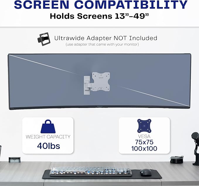 VIVO Full Motion Ultrawide Monitor Wall Mount, Fits Ultra-Wide Screens up to 49 inches and 44 lbs, Tilt and Swivel Arm, White, MOUNT-VW01MW