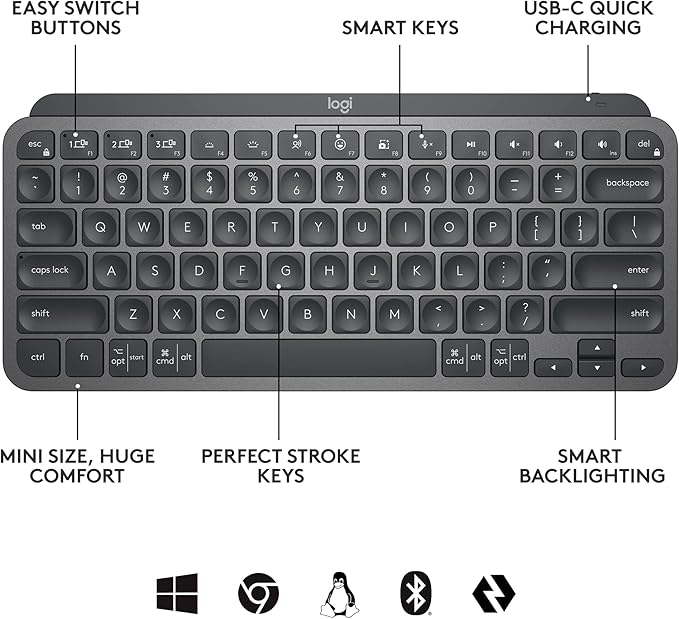Logitech MX Keys Mini Wireless Illuminated Keyboard for Business, Compact, Logi Bolt Technology, Backlit, Rechargeable, Globally Certified, Windows/Mac/Chrome/Linux - Graphite