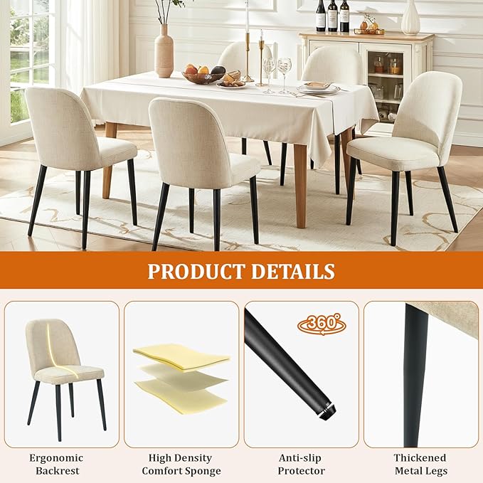 Upholstered Dining Chairs Set of 6, Mid Century Modern Fabric Dining Room Chair High-Back Padded Kitchen Chairs with Padded Seat and Metal Legs for Kitchen Dining Room Restaurant Cafe, Beige