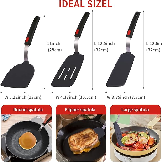 Collfa Kitchen Cooking Utensils Large Silicone Spatulas Turner Heat Resistant 3-Pack Set For Nonstick Cookware,BPA-Free Rubber Thin Slotted Flexible Flipper Spatula for Egg,Pancake,Fish,Cookie,Steak