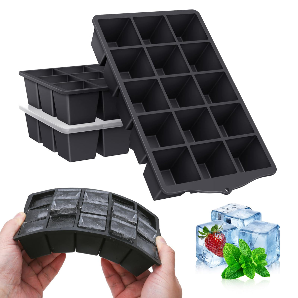 FANYITY Silicone Ice Cube Tray with Lid, Gray, Pack of 2 Ice Cube Moulds, Silicone Mould, BPA-Free, Stackable Ice Cube Tray, Ice Cube Trays for Baby Porridge, Cocktail, Whiskey, Coffee