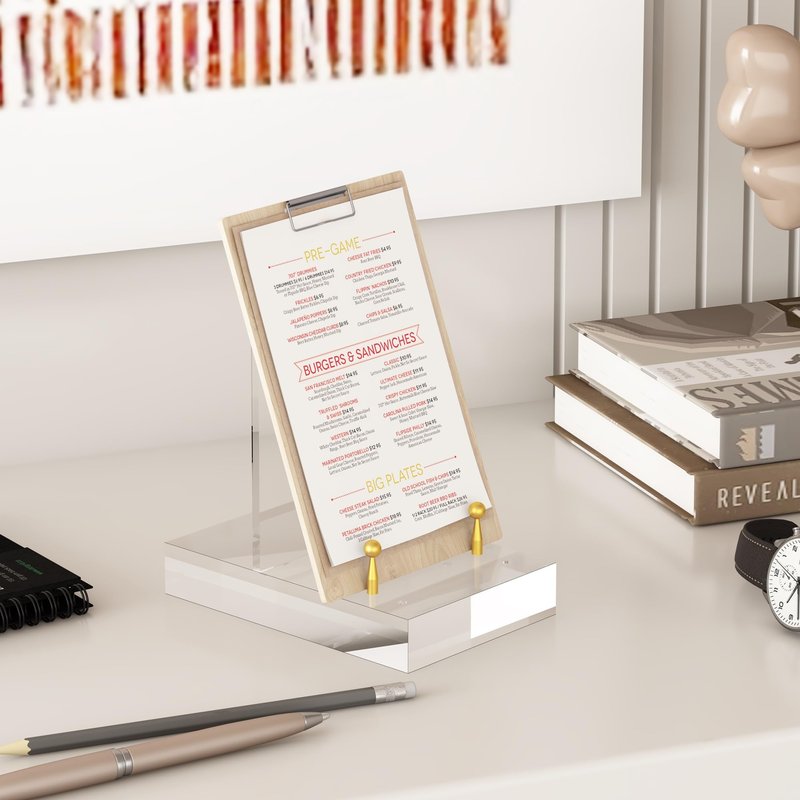 UoYeet Acrylic Easel Display Stand with Adjustable Gold-Toned Hardware for Pictures, Crystal Clear Acrylic Stand with Floating Appearance for Cookbook, Invitation and Plates