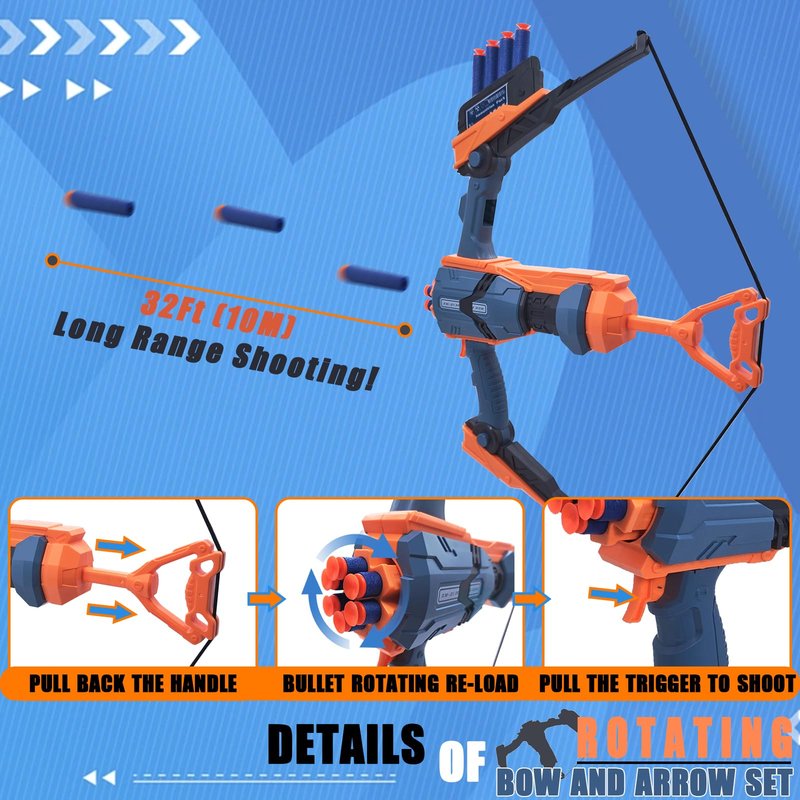 Toy Bow and Arrow for Nerf Gun Bullets, 6-Dart Rotating Drum, Easy to Use, Durable ABS Construction, Includes Bow, 40 Darts, Target Board, Goggle for 14+ Age