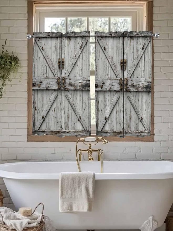 Vintage Gate Tier Curtains 45 Inches Long, Farmhouse Wooden Grain Shabby Chic