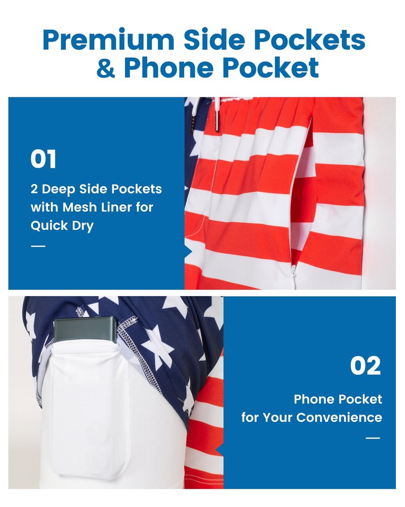 maamgic Mens Swim Trunks with Compression Liner 5 Inch, Quick Dry Bathing Suit with Zipper Pockets, Stretch No-Chafing Swim Shorts, Half-Half American Flag X-Small