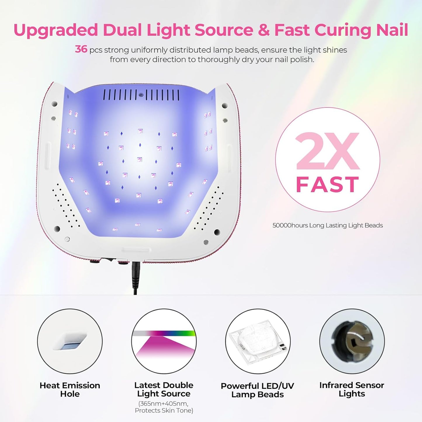 Lavinda UV Nail Lamp, 54W UV Light for Gel Nails with Rhinestones, Plug-in UV LED Nail Lamp Nail Light Fast Curing Lamp Nail Dryer for Gel Polish, Nail Supplies for Salon Home Use, Gradient Pink