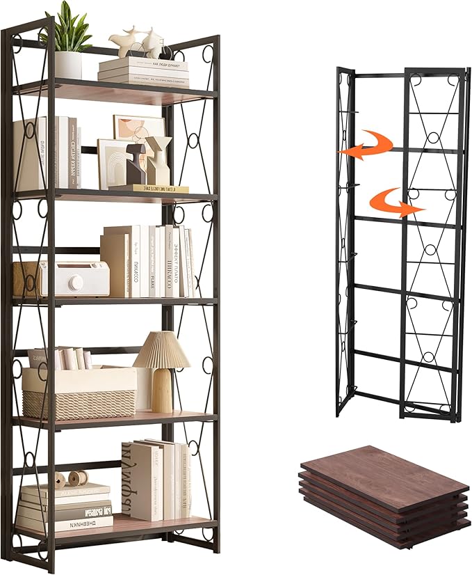 VECELO Folding Bookshelf, 5 Shelf Bookcase No Assembly, Industrial Metal Frame Shelves Rack Organizer for Living Room, Office,Walnut 1 Set