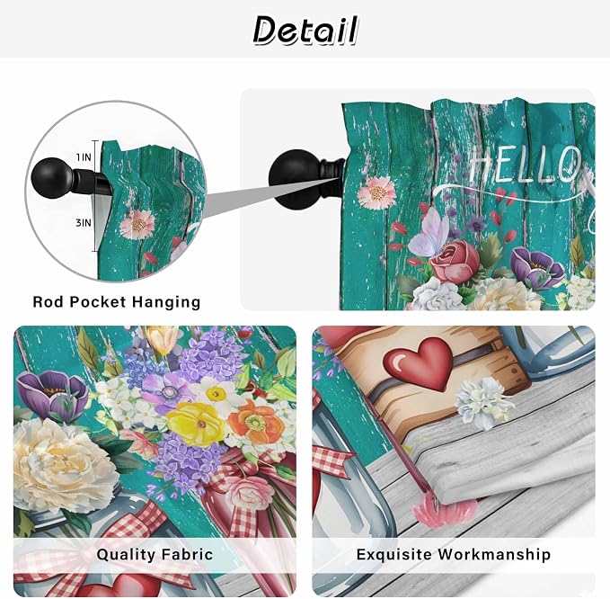 Spring Flowers Kitchen Curtains, Farmhouse Watercolor Teal Wood Grain Light