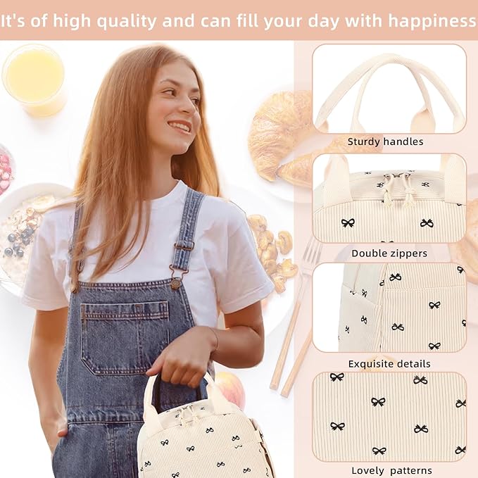 LEDAOU Lunch Box for Women Insulated Lunch Bag Corduroy Lunch Tote Bags Leakproof Cooler Lunch Case for Travel Work Picnic