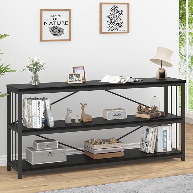 IBF 63" Black Low Horizontal Bookcase, Modern Long Wood Metal 3 Tier Book Shelf, Farmhouse Vintage Big Open Sturdy Bookshelf, Simple Large Wide Etagere for Home Living Room Office Bedroom, Black Oak