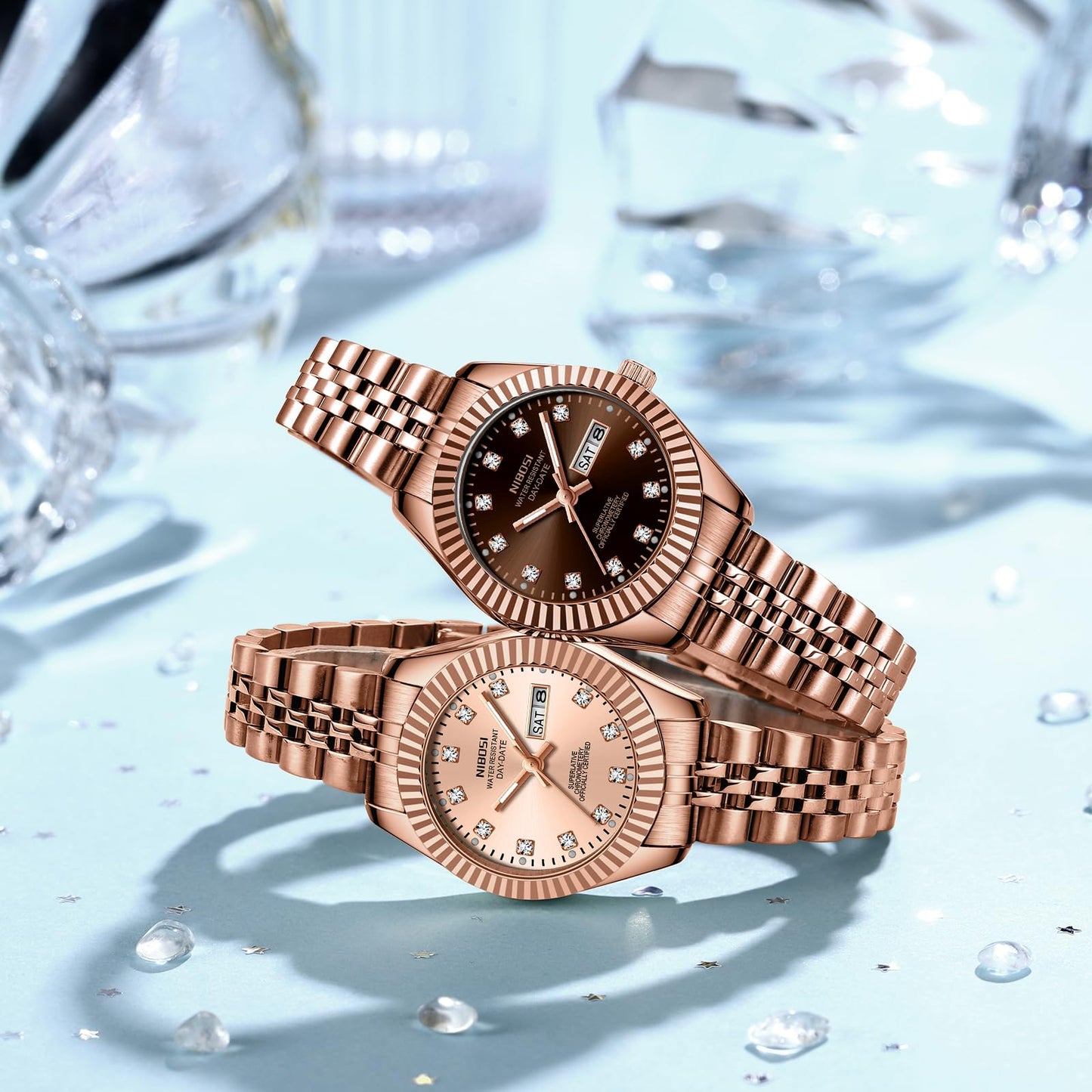 NIBOSI Watches for Women Analog Quartz Stainless Steel Dial Rose Gold Bracelet with Day Date Luminous Waterproof Dainty Classic Luxury Diamond Elegant Dress Women's Watch for Small Wrists