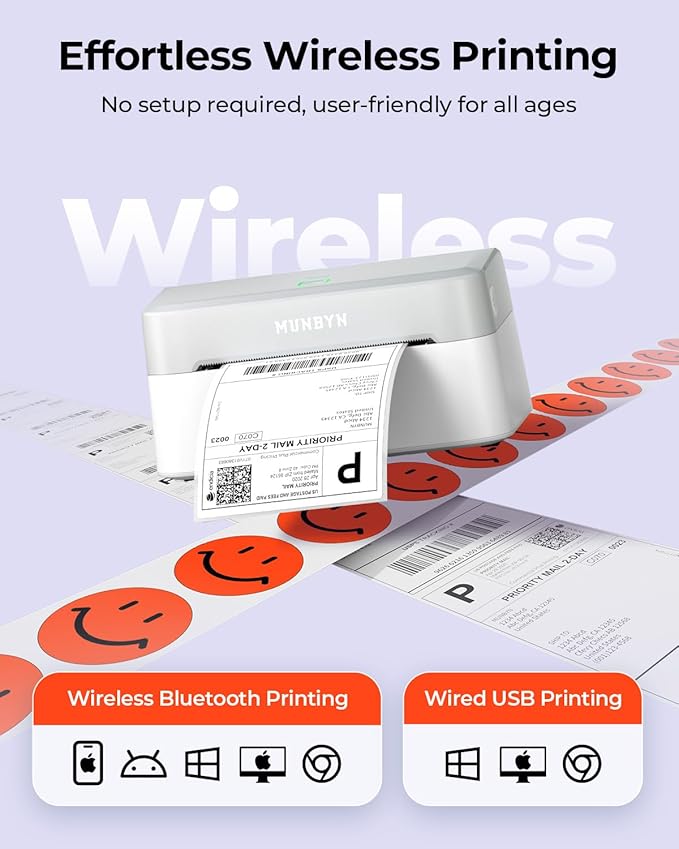 MUNBYN RW403B Bluetooth Shipping Label Printer+4"x6" Direct Thermal Shipping Labels
